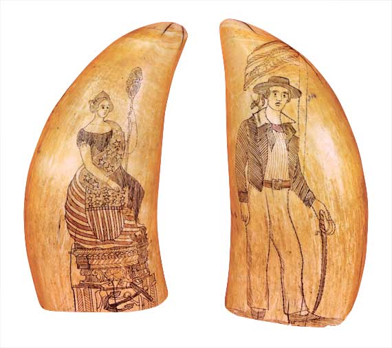 Exceptional pair of polychrome engraved whale teeth
