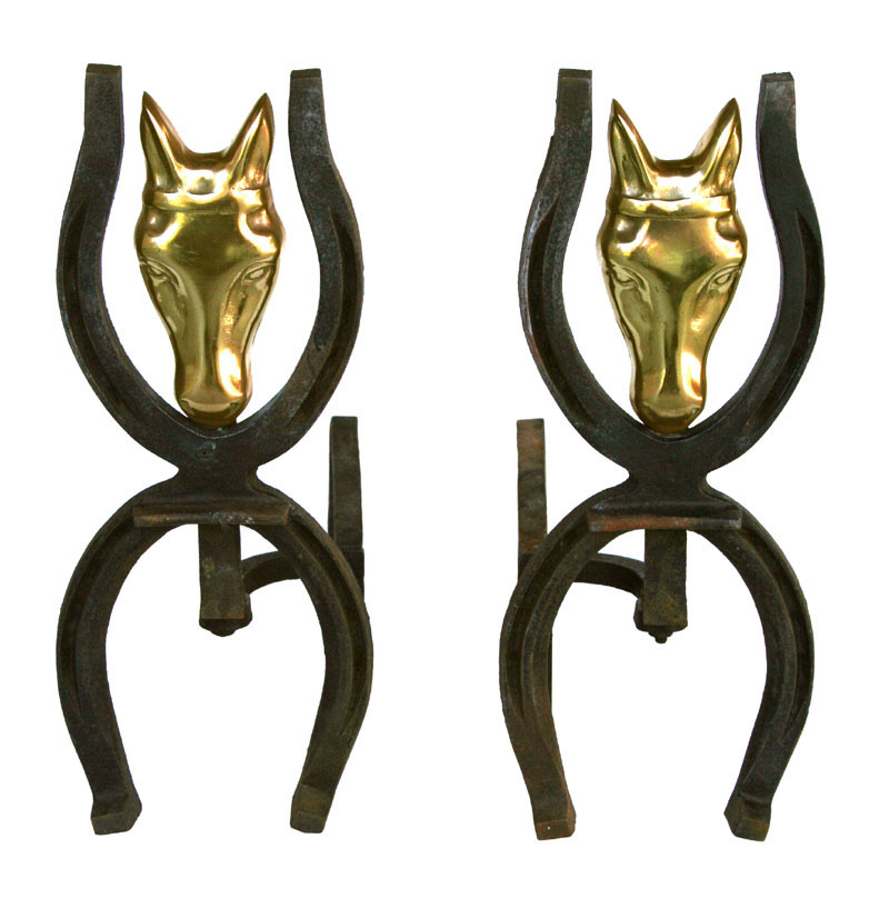 Cast Iron Andirons Of Double Horse Shoes Framing Solid Cast Brass Horses' Heads