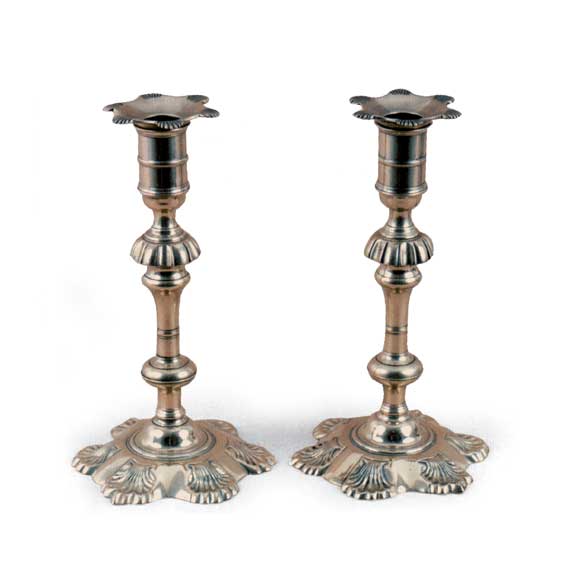 English Silver Form Brass Shell Based Candlesticks