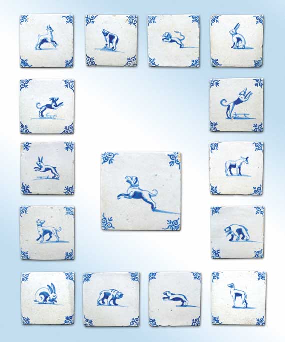 A Set of 17 Cobalt Blue & White Delft Animal Tiles