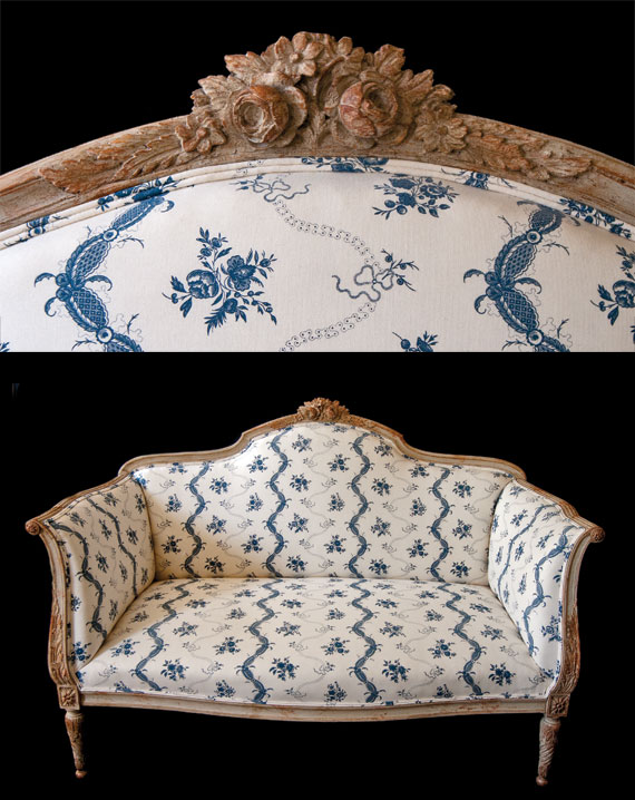 Swedish Gustavian Period Sofa with Gray Paint and Beautifully Carved Floral Crest and Serpentine Arms