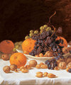 An Arrangement of Oranges, Walnuts, Almonds, Raisins, and Grapes on a Tabletop