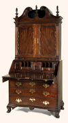 Fine Chippendale Figured Mahogany Reverse-Serpenting Front Bonnet-Top Secretarial Desk