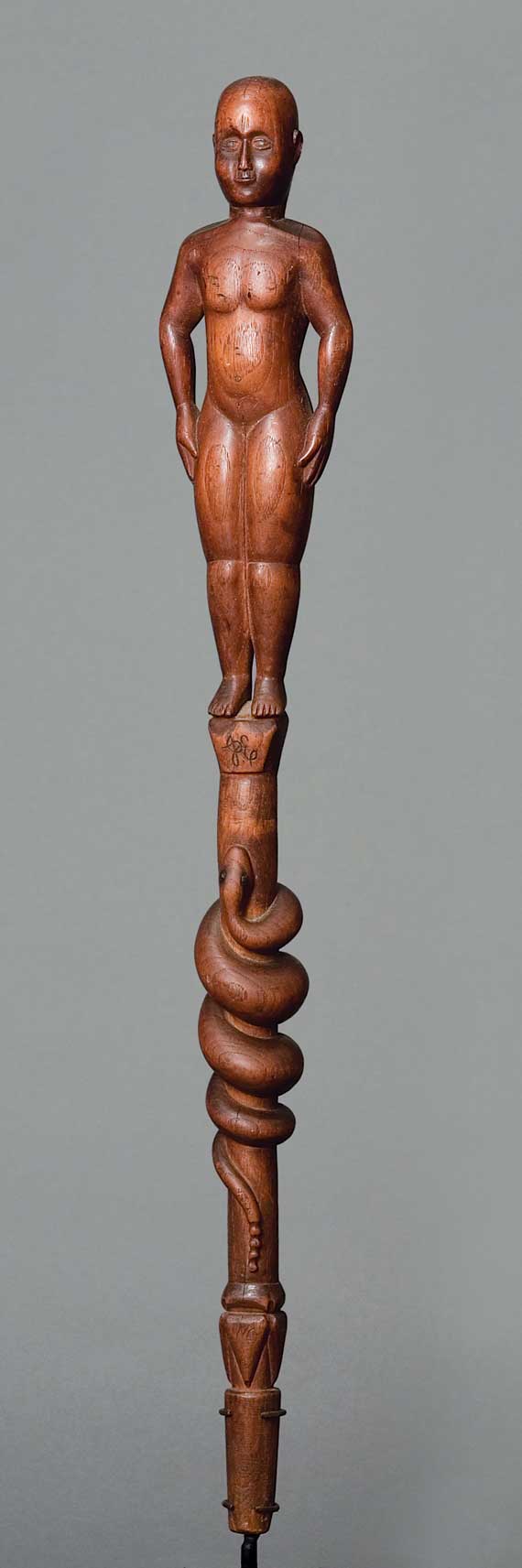 Remarkable Figural Cane Standing Above Rattlesnake. Carved Black Walnut.