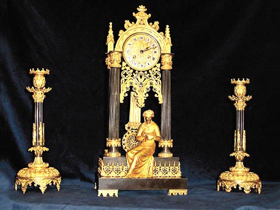 French Romantic Period Gothic Clock Set