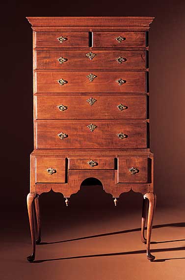 Queen Anne Figured Maple Highchest of Drawers