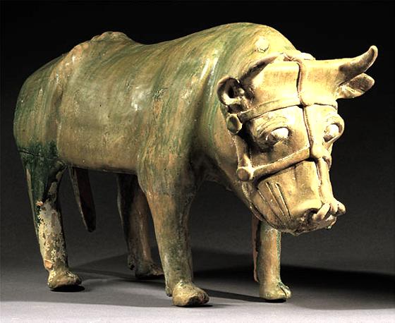 Rare Green-Glazed Pottery Figure of a Bull