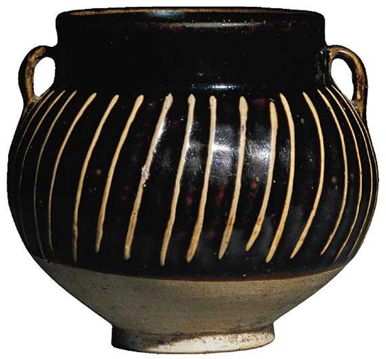 White-Ribbed Black-Glazed Jar