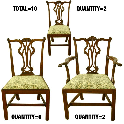 Set of 10 Irish Chippendale dining room chairs. Ca 1760