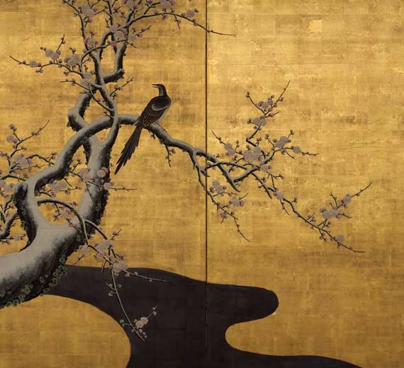 Two-Panel Folding Screen: Winter Landscape with Bird and Flowering Plum