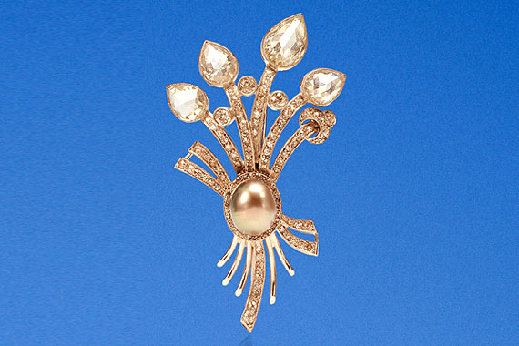 Natural Black Pearl and Diamond Spray Brooch