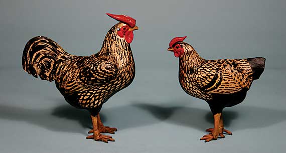 Carved Wood and Gesso Painted Rooster and Hen