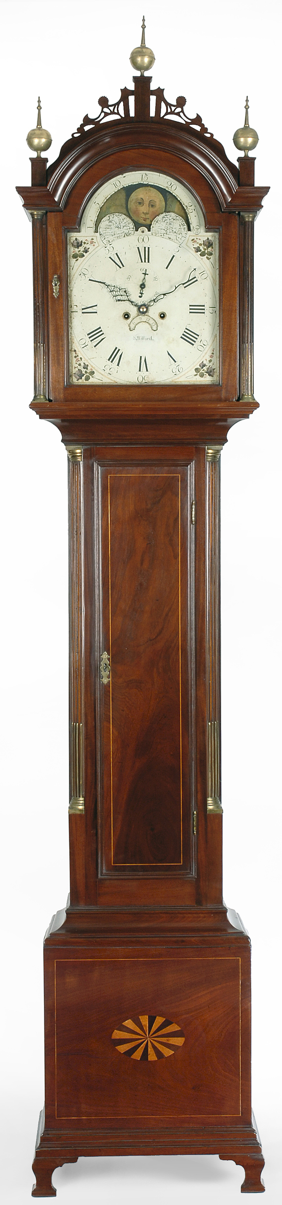 A Federal mahogany Roxbury tall case clock by Simon Willard, Roxbury, circa 1800.