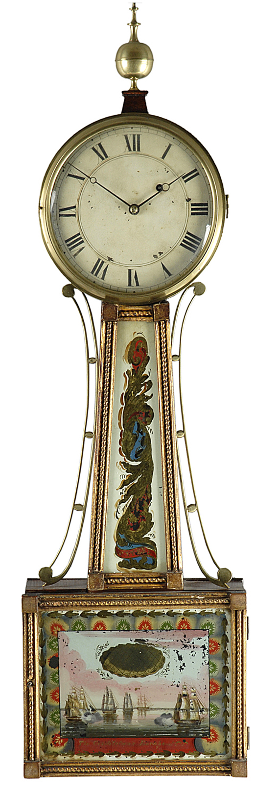 A Concord type patent time piece with fine reverse painted panels, attributed to Daniel Munroe, Concord, Massachusetts, circa 1815