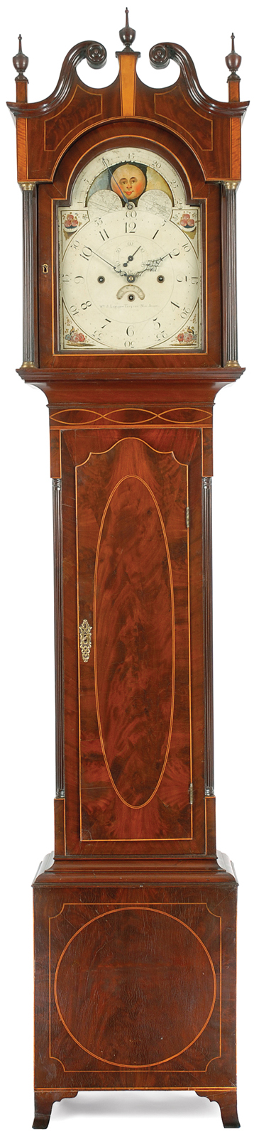 A rare and important musical tall case clock, by William J. Leslie, Trenton, New Jersey, circa 1795-1800.