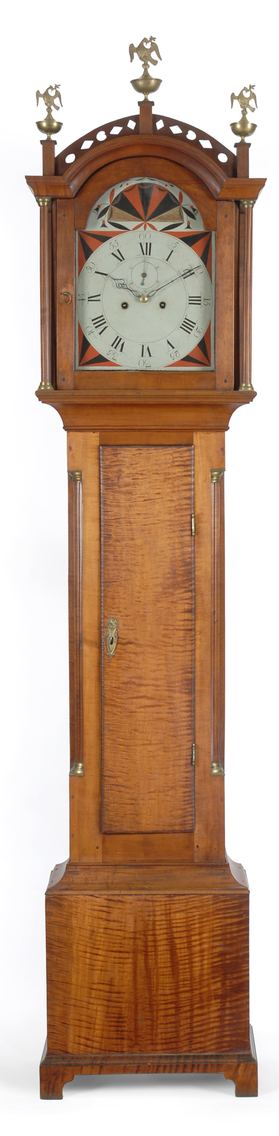 An extraordinary Quaker made tiger maple tall case clock attributed to Paul Rogers, Berwick Maine, circa 1800.