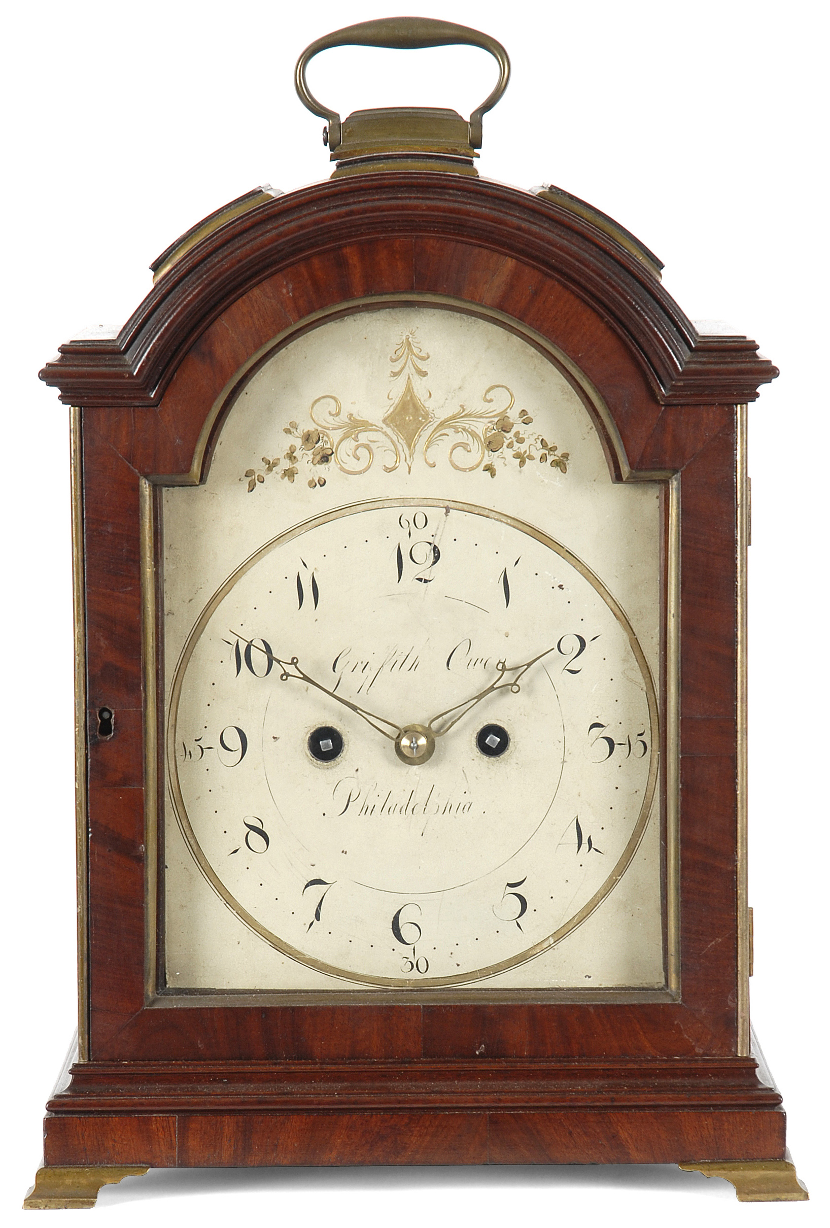 A Rare and Important American-Made Chippendale Mahogany  Bracket Clock, By Griffith Owen, Philadelphia, Pennsylvania, Circa 1790.