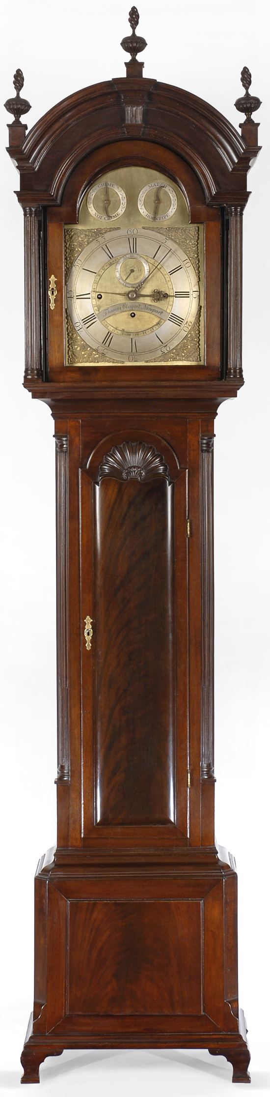 A rare and important Chippendale musical block and shell tall case clock by Thomas Claggett, Newport, circa 1775-80.