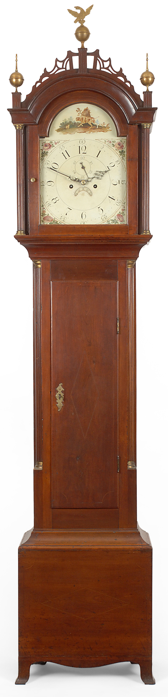 A wonderful cherry wood Hepplewhite tall case clock, signed by the case maker 