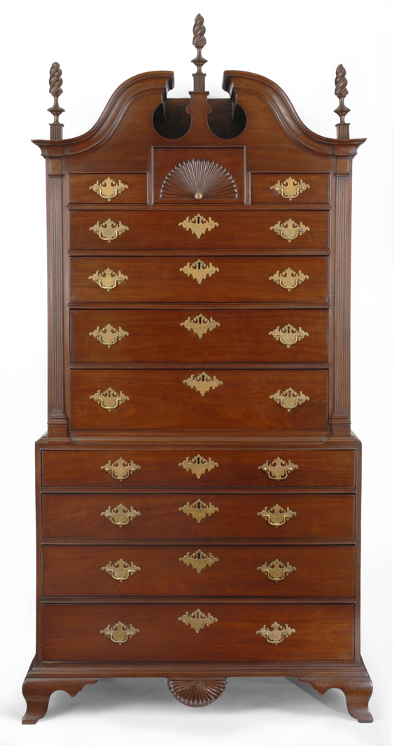 An Important Chippendale Bonnet Top Chest on Chest, the Bonnet Lined with Original Period Newsprint from Norwich, Connecticut circa 1785.