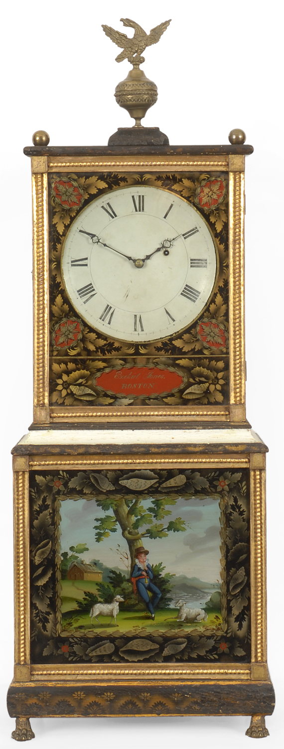 A very rare and important Federal painted, stenciled & eglomisé bride’s model Massachusetts shelf clock, by Ezekiel Jones, Boston, Massachusetts, circa 1820.