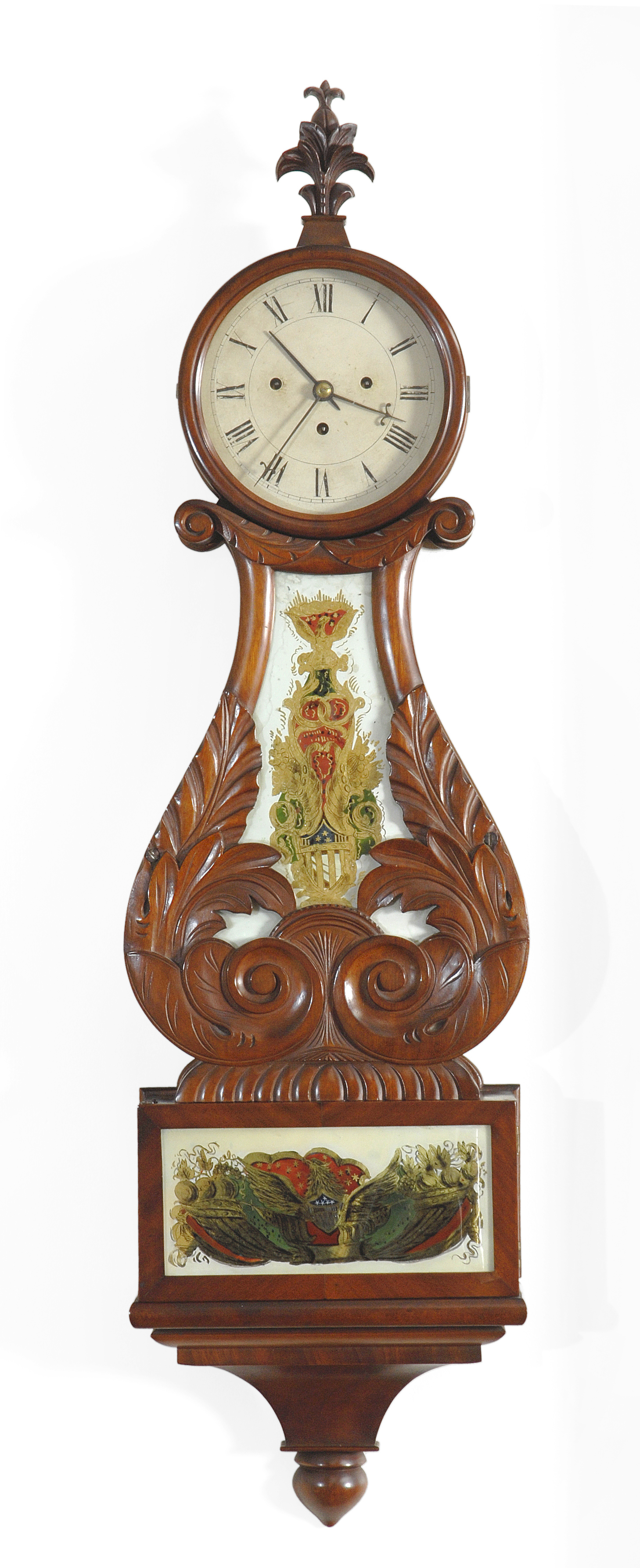 A rare Classical box-lyre banjo clock with alarm, attributed to Abiel Chandler of Concord New Hampshire, circa 1825-1830.