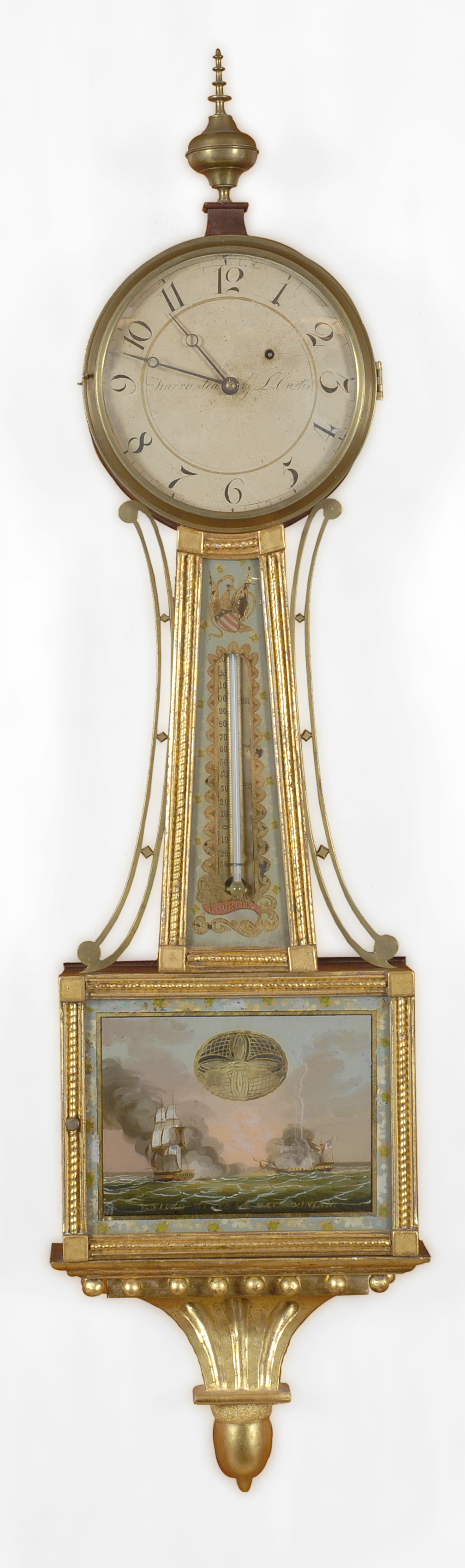 An Important Federal eglomisé presentation patent timepiece with rare thermometer,  Lemuel Curtis, Concord, Massachusetts, circa 1815.