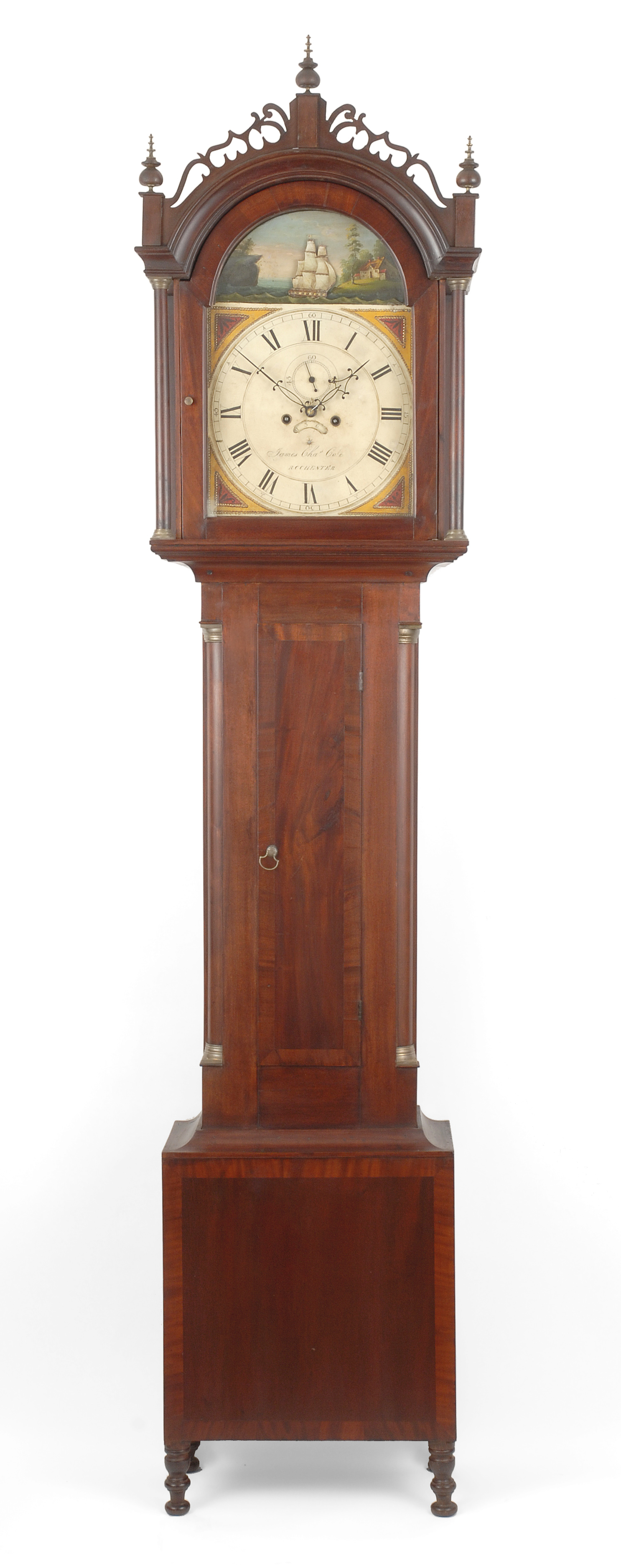 An impressive Federal mahogany tall case clock with rare rocking ship dial by James Cole, Rochester, New Hampshire, circa 1820.