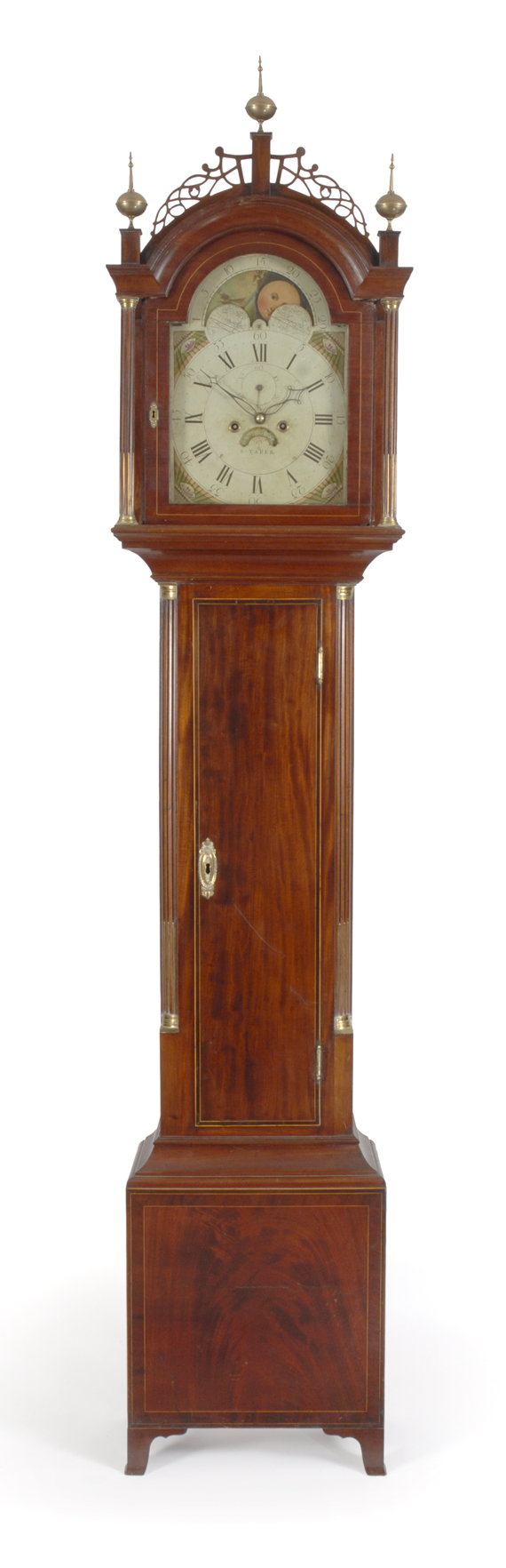 A fine Hepplewhite tall case clock by rare maker Stephen Taber, New Bedford circa 1810.