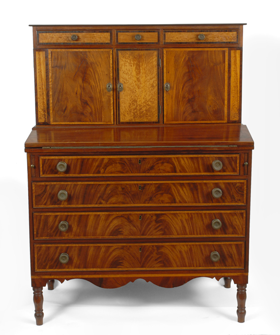 A handsome Federal mahogany and inlaid secretary desk, probably Southeastern Massachusetts, circa 1815.