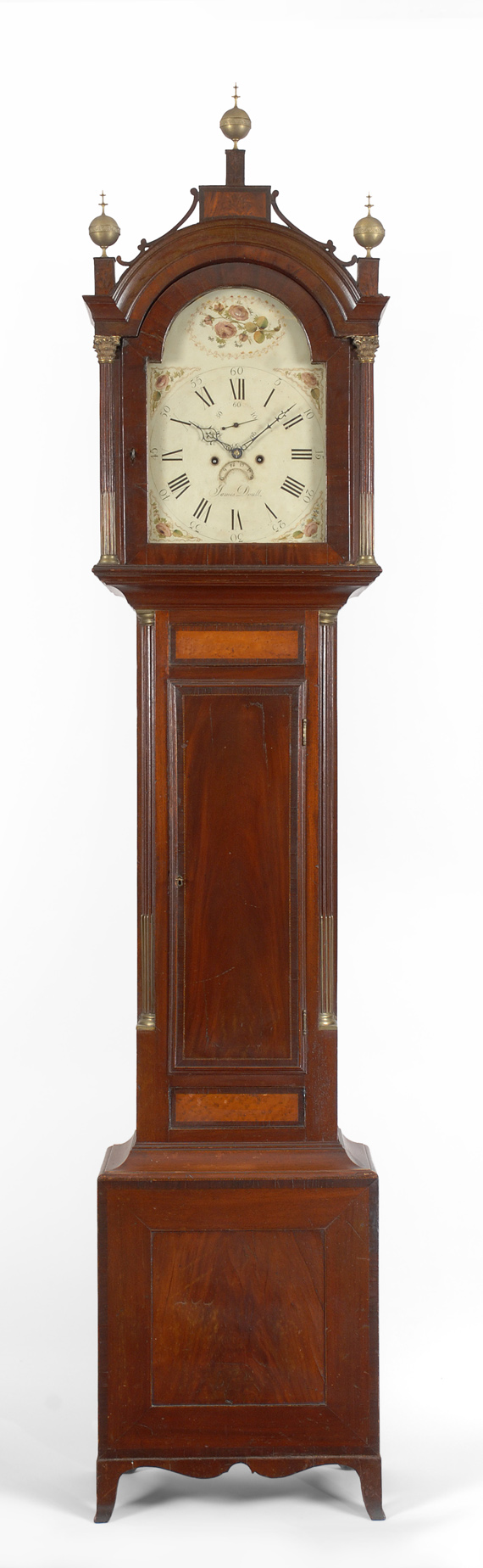 An important Hepplewhite tall case clock, by James Doull, Charlestown, Massachusetts.  The case attributed to the school of Thomas Seymour, Boston, circa 1815-20.