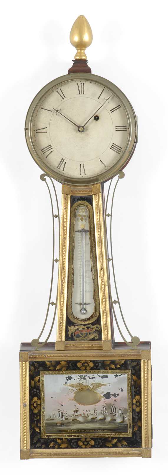 An important eglomisé patent timepiece with thermometer, attributed to Aaron Willard Jr., circa 1815.