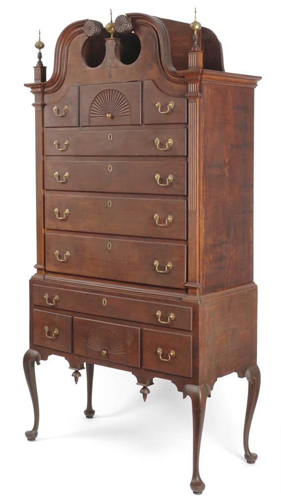 An Important Chippendale Cherry High Chest of Drawers Scituate, Massachusetts, Circa 1790-1800.  Attributed to Cabinetmaker  Elisha Cushing, Jr., Hingham.