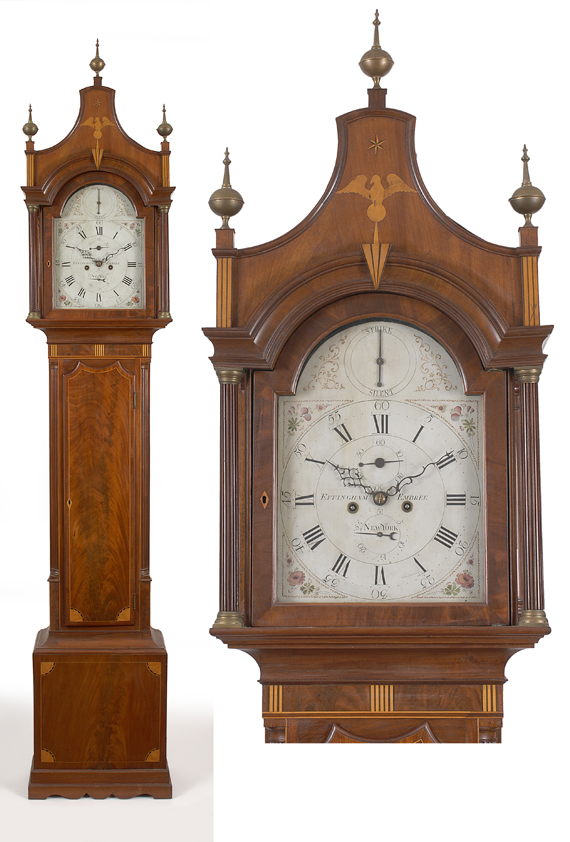 A rare Hepplewhite tall case clock with pagoda top by Effingham Embree New York City, circa 1800.
