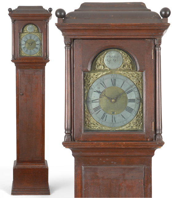 A rare and important early American tall case clock, by Nicholas Blasdel, Amesbury, Massachusetts, circa 1760.