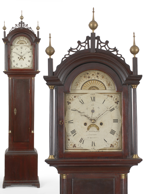 A very good Federal mahoganized maple tall case clock by Frederick Wingate, Augusta, Maine, dated 1811.