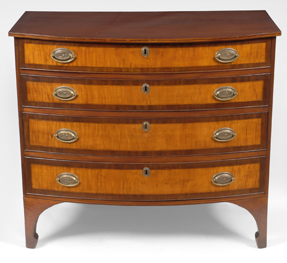 A fine Federal mahogany and inlaid swell front chest of drawers, attributed to the workshop of Abiel White, Weymouth, Massachusetts, circa 1800.