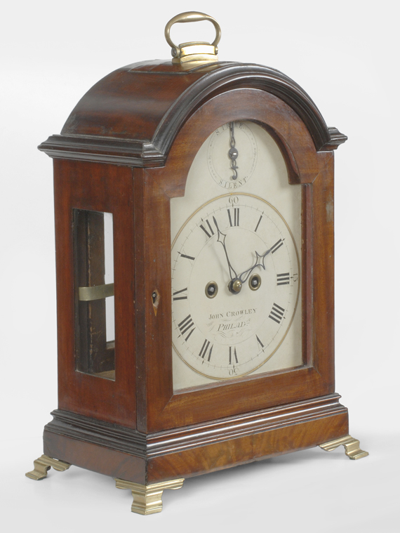 A rare Chippendale mahogany bracket clock, by John Crowley, Philadelphia, Pennsylvania, circa 1800-10.