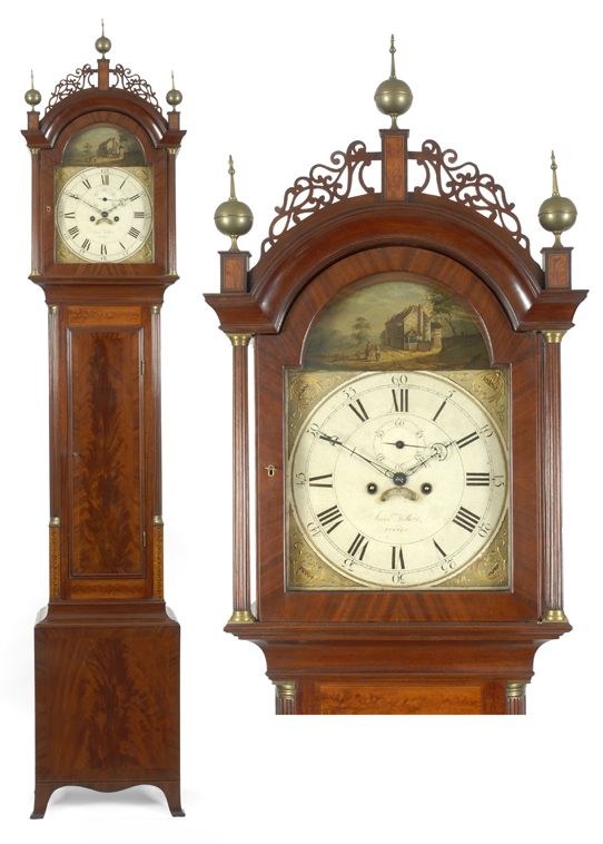 A highly important Hepplewhite tall case clock, by Aaron Willard, Boston, Massachusetts.  The case attributed to the school of John & Thomas Seymour, Boston, circa 1810.