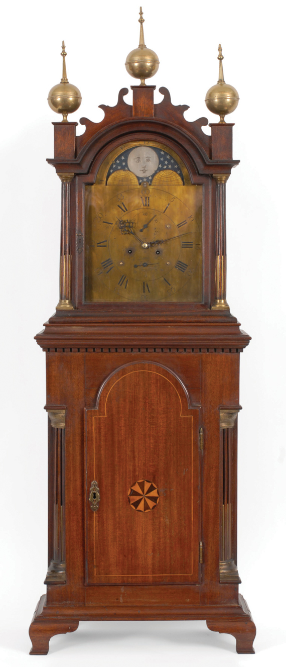 An exceptionally rare Chippendale mahogany and inlaid brass dial shelf clock, by Caleb Leach, Plymouth, Massachusetts, circa 1785.
