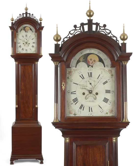 An excellent labeled mahogany tall case clock, by Aaron Willard, Boston, Massachusetts, circa 1805.
