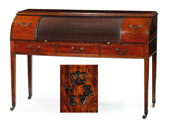 George III Mahogany Cylinder Desk, c1790, Stamp for Royal Household of William IV, & 