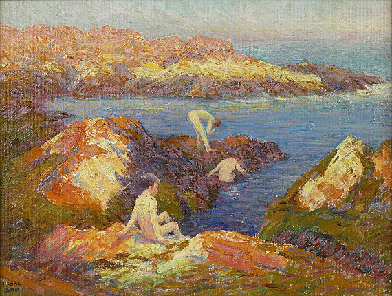 Bathers Amongst Rocks in a Cove