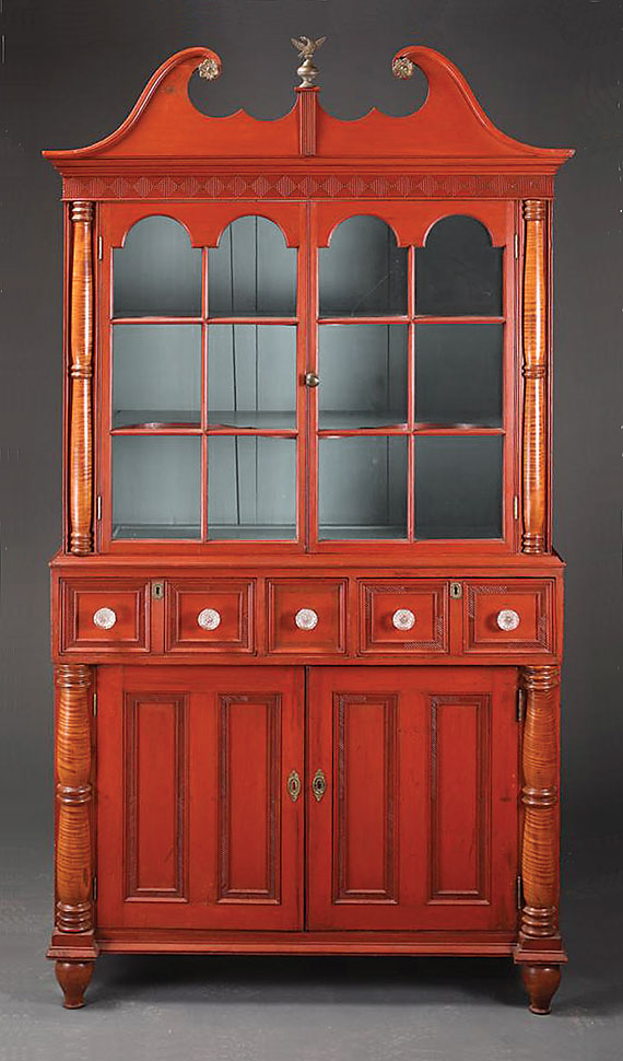 FEDERAL RED-PAINTED PINE & MAPLE CUPBOARD