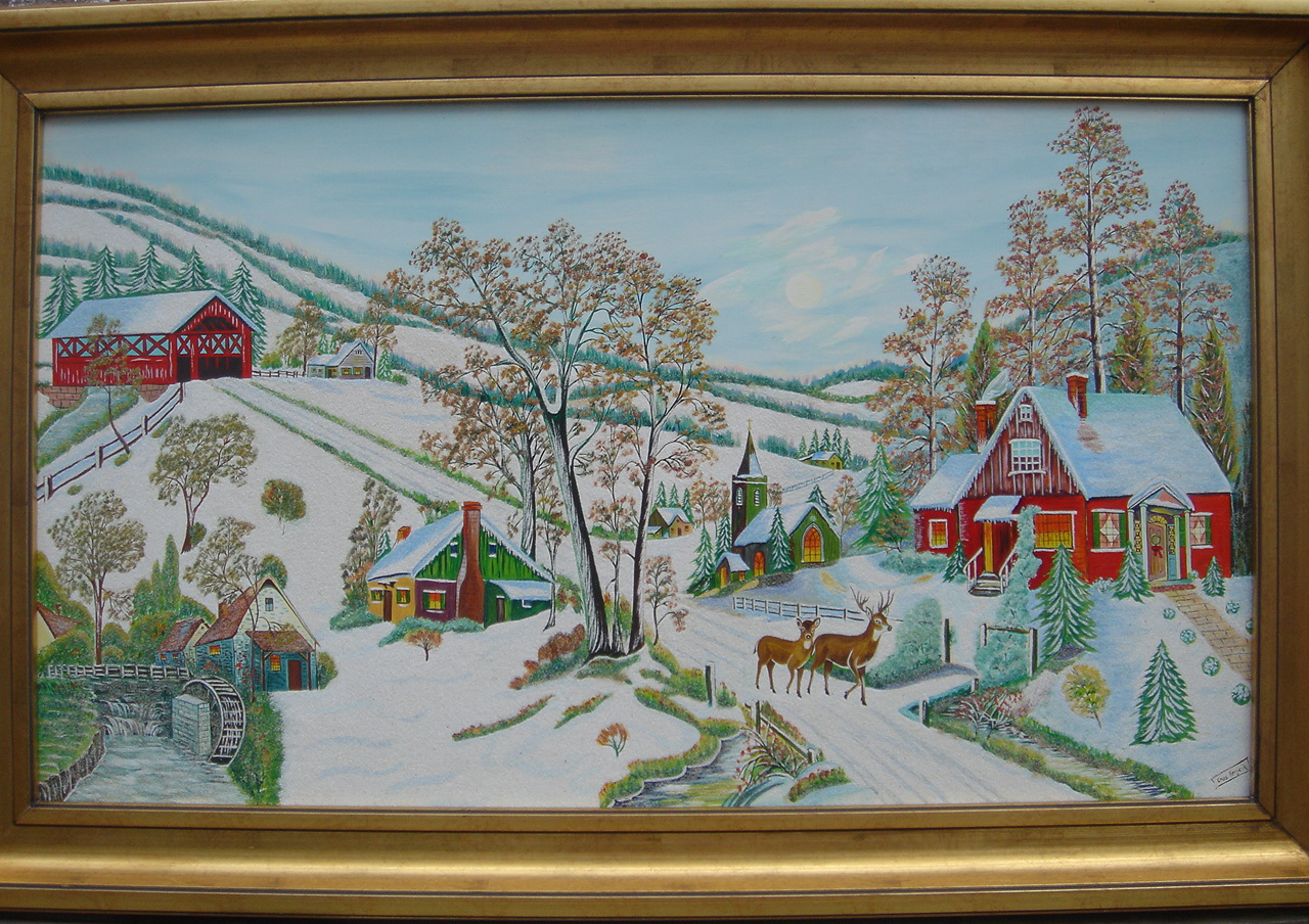 Winter Village Scene Painting